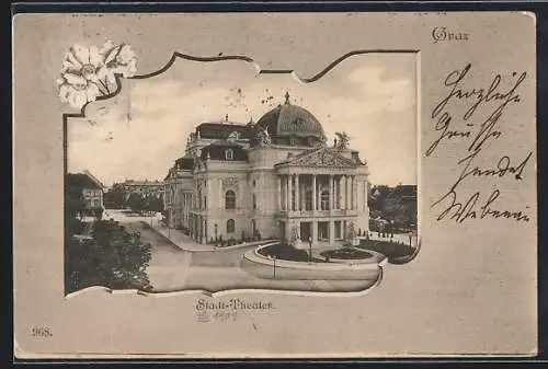 AK Graz, Stadt-Theater mit Strassenpartie, Passepartout