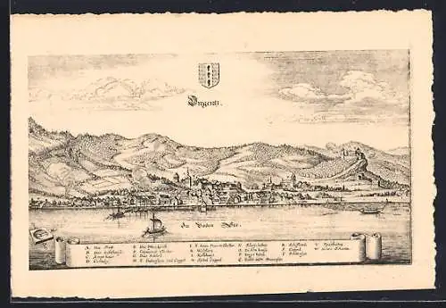 Künstler-AK Bregenz, Teilansicht mit Schloss, Pfarrkirche und Schifflende nach Merian