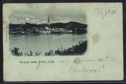 Mondschein-AK Ybbs a. D., Teilansicht mit Kirche