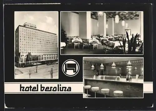 AK Berlin, Hotel Berolina, Aussenansicht, Speisesaal und Bar, Karl-Marx-Allee