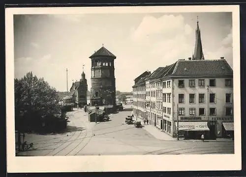 AK Düsseldorf, Schlossturm, Schlosscafé und Feinkost, Bahngleise