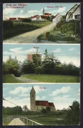 AK Offingen /Uttenweiler, Teilansichten von Bussen, Ruine und Kirche