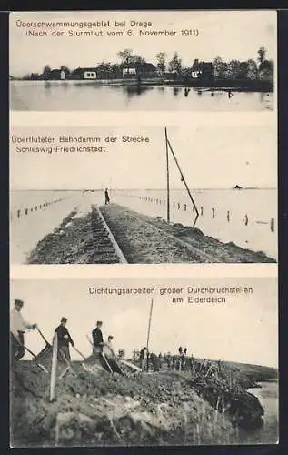 AK Drage / Nordfriesland, Hochwasser nach Sturmflut vom 6.11.1911, Dichtungsarbeiten