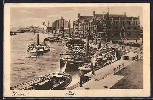 AK Dortmund, Hafenpartie mit Dampfern und Kränen