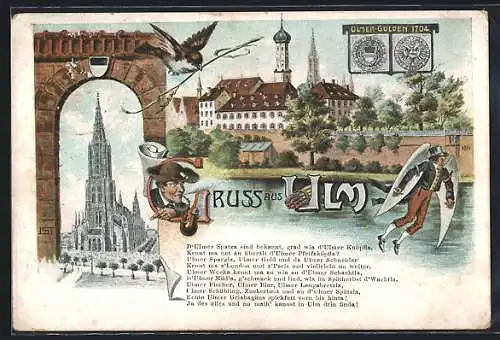AK Ulm / Donau, Flusspartie, Ulmer Münster und Ulmer Gulden 1704