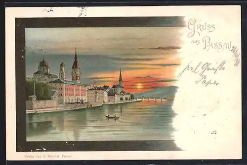 Lithographie Passau, Flusspartie mit Kirche bei Sonnenuntergang