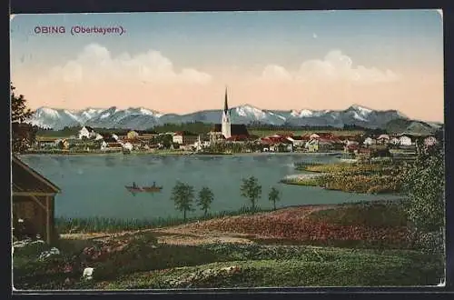 AK Obing /Oberbayern, Ortschaft mit See und Bergen