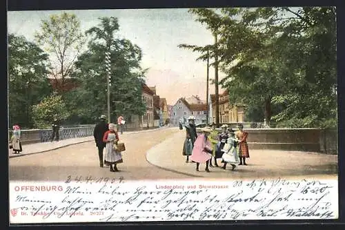 AK Offenburg, Lindenplatz und Steinstrasse, Brücke