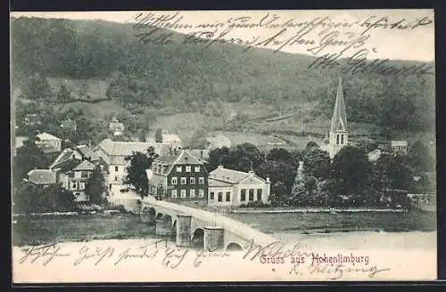 AK Hohenlimburg, Flusspartie mit Brücke und Blick auf die Kirche