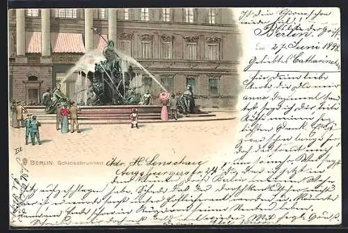 Lithographie Berlin, Schlossbrunnen mit Passanten