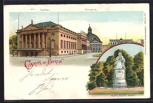 Lithographie Berlin, Opernhaus, Ludwigkirche, Kaiserin-Augusta-Denkmal
