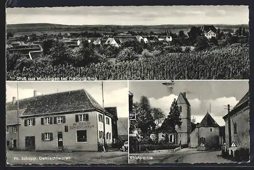 AK Munzingen bei Freiburg, Ph. Schopp Gemischtwaren und Kirchpartie
