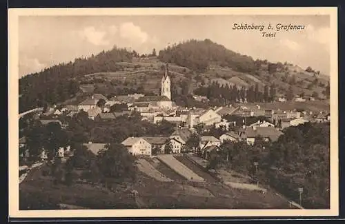AK Schönberg / Bayer. Wald, Totalansicht der Ortschaft mit Kirche