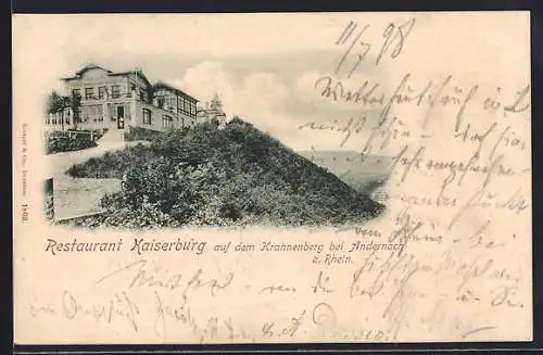 Lithographie Andernach a. Rhein, Restaurant Kaiserburg auf dem Krahnberg