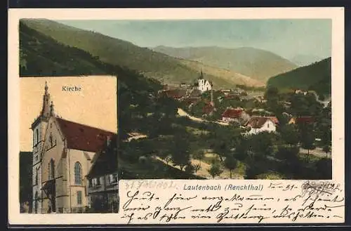 AK Lautenbach / Renchtal, Kirche und Totale mit Gebirge