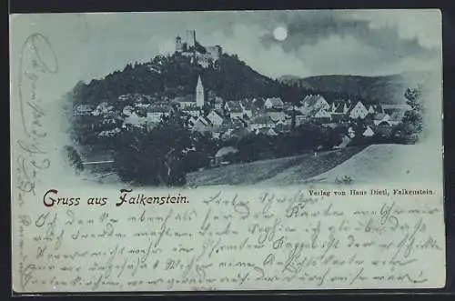 Mondschein-AK Falkenstein / Oberpfalz, Ortschaft mit Burg
