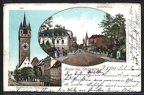 AK Straubing, Stadtturm am Theresienplatz und Blick in die Bahnhofsstrasse
