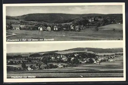 AK Friedenfels, Panorama von Süden mit Steinwald, Ortsansicht von Westen