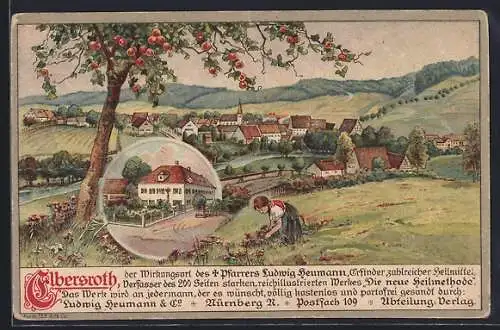 Künstler-AK Elbersroth, Mädchen pflückt Blumen unter einem Apfelbaum, Ortspartie