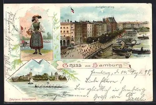 Lithographie Hamburg, Jungfernstieg, Fährhaus Uhlenhorst