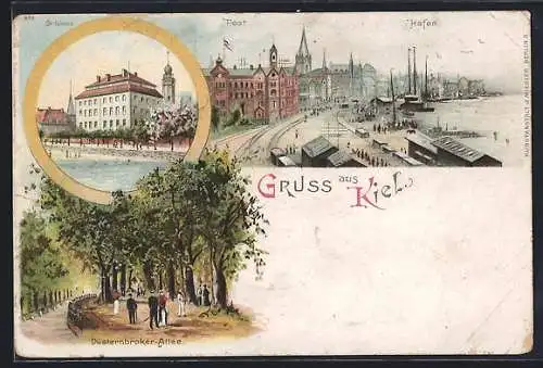 Lithographie Kiel, Schloss, Post und Hafen, Düsternbrooker-Allee