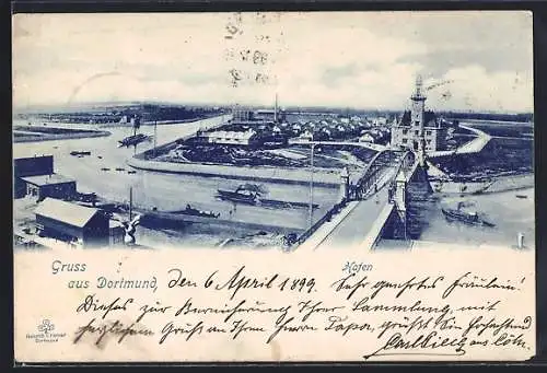 AK Dortmund, Hafenpartie mit Dampfern und Brücke