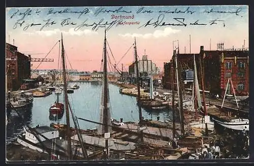 AK Dortmund, Hafenpartie mit Booten und Lagerhallen