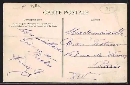 AK Presles, L`église vue du sud avec rue animée et habitants