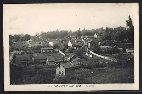 AK Cormeilles-en-Parisis, Panorama du village avec tour d`église et paysages environnants