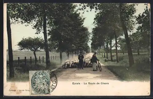 AK Épiais, La Route de Gisors avec troupeau de moutons et cycliste