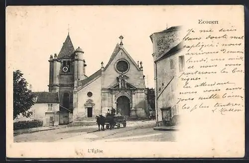 AK Écouen, L`Église avec calèche devant l`entrée