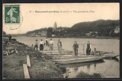 AK Beaumont-sur-Oise, Vue générale de l`Oise et travailleurs au bord de la rivière