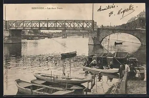 AK Pontoise, Les deux Ponts et bateaux sur la rivière
