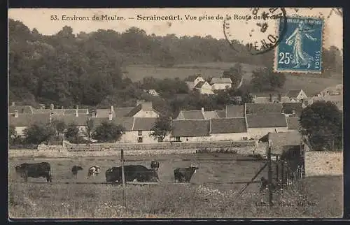AK Seraincourt, Vue prise de la Route de Meulan avec pâturage et village en arrière-plan