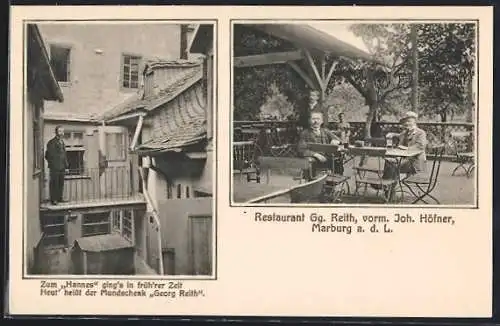 AK Marburg / Lahn, Restaurant Gg. Reith vorm. Joh. Höfner, Wirt auf dem Balkon
