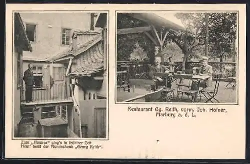 AK Marburg / Lahn, Restaurant Gg. Reith vorm. Joh. Höfner, Wirt auf dem Balkon