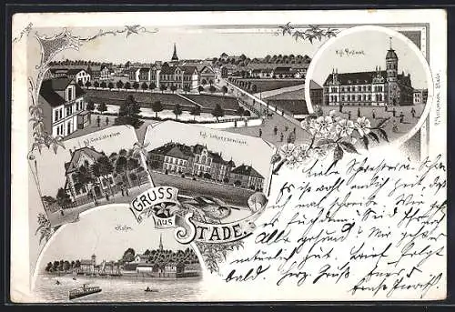 Lithographie Stade, Hafen, Kgl. Postamt, Kgl. Consistorium