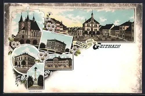 Lithographie Geithain, Nikolaikirche, Kaiserl. Postamt, Bürger Schule, Bahnhof, Kriegerdenkmal, Markt