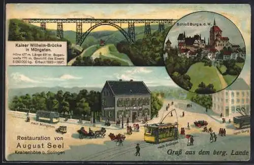 Lithographie Solingen, Restauration Krahenhöhe von August Seel, Strassenbahn, Müngsten