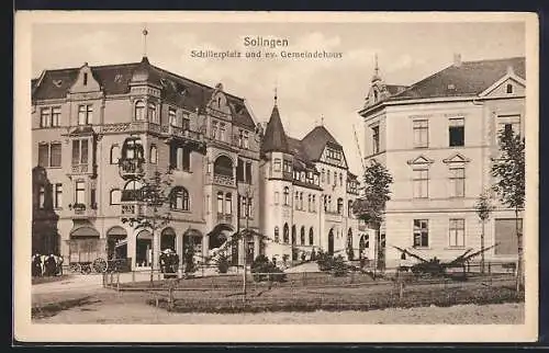 AK Solingen, Strasse am Schillerplatz mit ev. Gemeindehaus