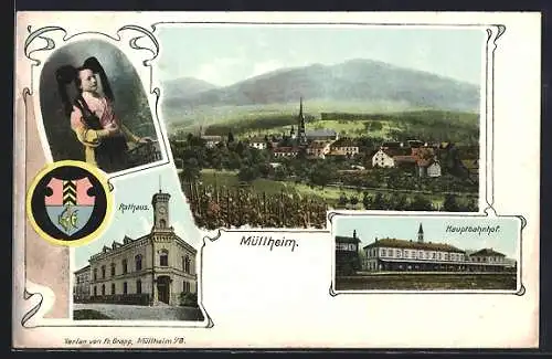 AK Müllheim, Ortsansicht von oben, Haupt-Bahnhof, Wappen