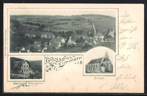 AK Zimmern u. d. B., Gasthaus z. Rosengarten, Kirche, Ortsansicht