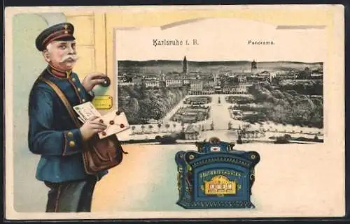 AK Karlsruhe i. B., Panorama, Briefträger mit Briefkasten