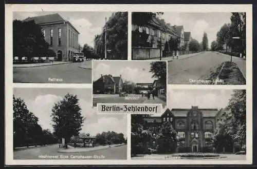 AK Berlin-Zehlendorf, Strassenpartie mit Rathaus, Bahnhof, Hindenburg Lazarett