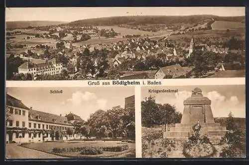 AK Bödigheim, Ortsansicht, Schloss und Kriegerdenkmal