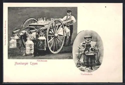 AK Hamburg, Milchmann mit Hundegespann und Vierländerin mit Blumenkorb