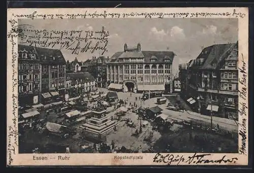 AK Essen /Ruhr, Kopstadtplatz aus der Vogelschau, Strassenbahn
