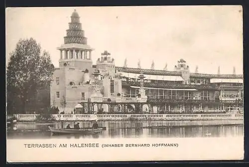 AK Berlin-Halensee, Restaurant, Terrassen und Flusspartie mit Ruderboot, Inh. Bernhard Hoffmann