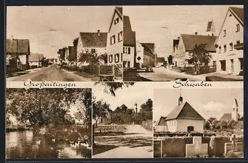 AK Grossaitingen /Schwaben, Strassenpartien, Fluss und Friedhof