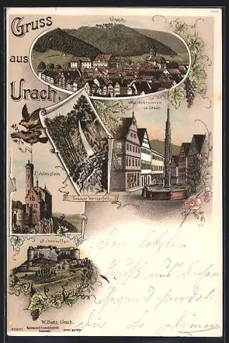 Lithographie Urach, Marktbrunnen, Hoheneuffen und Burg Lichtenstein